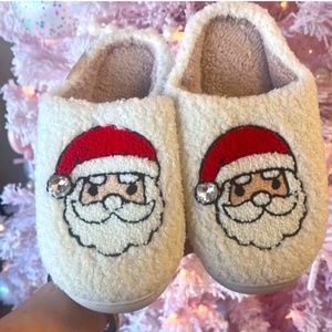 Ivory Rhinestone Santa Slippers, L (8-9), Non-Slip, Soft, Slip-On / NIB